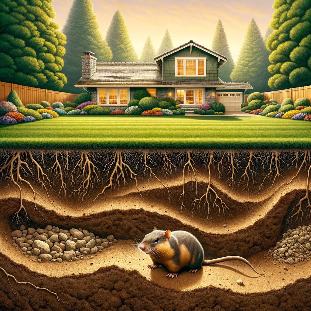 Gopher burrowing beneath a house.