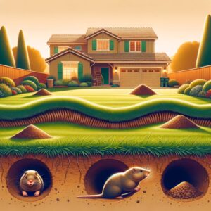 Moles burrowing near suburban home.