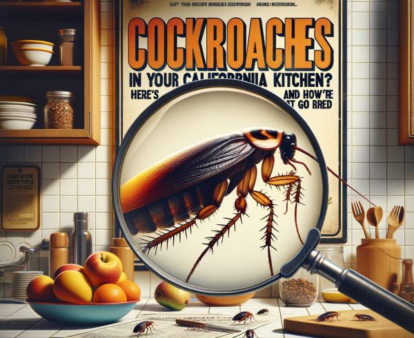 Magnifying glass over cockroach in kitchen