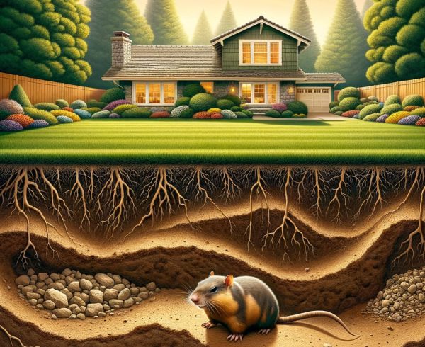 Gopher burrowing beneath a house.
