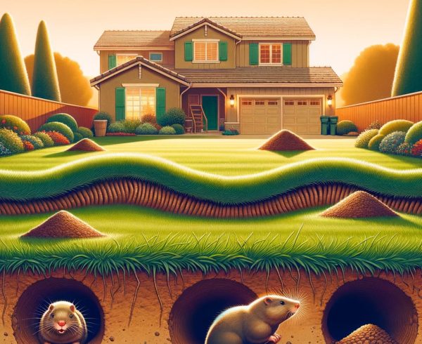 Moles burrowing near suburban home.